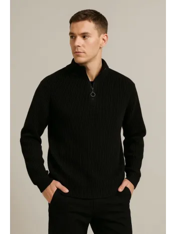 Erkek Yarım Fermuarlı Triko Kazak – Selanik Örgü, Dik Yaka, Pamuklu Dokuma, Regular Fit Uzun Kollu Kışlık Model - Siyah