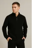 Erkek Yarım Fermuarlı Triko Kazak – Selanik Örgü, Dik Yaka, Pamuklu Dokuma, Regular Fit Uzun Kollu Kışlık Model - Siyah