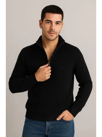 Erkek Yarım Fermuarlı Triko Kazak – Selanik Örgü, Dik Yaka, Pamuklu Dokuma, Regular Fit Uzun Kollu Kışlık Model - Siyah