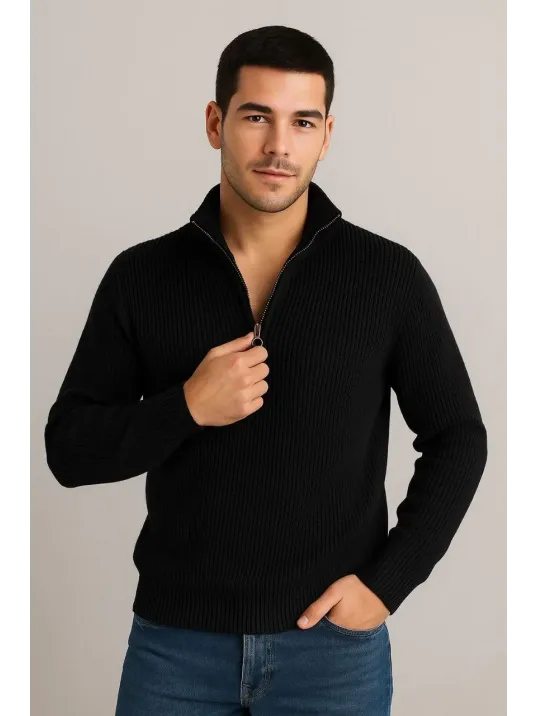 Erkek Yarım Fermuarlı Triko Kazak – Selanik Örgü, Dik Yaka, Pamuklu Dokuma, Regular Fit Uzun Kollu Kışlık Model - Siyah