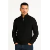 Erkek Yarım Fermuarlı Triko Kazak – Selanik Örgü, Dik Yaka, Pamuklu Dokuma, Regular Fit Uzun Kollu Kışlık Model - Siyah
