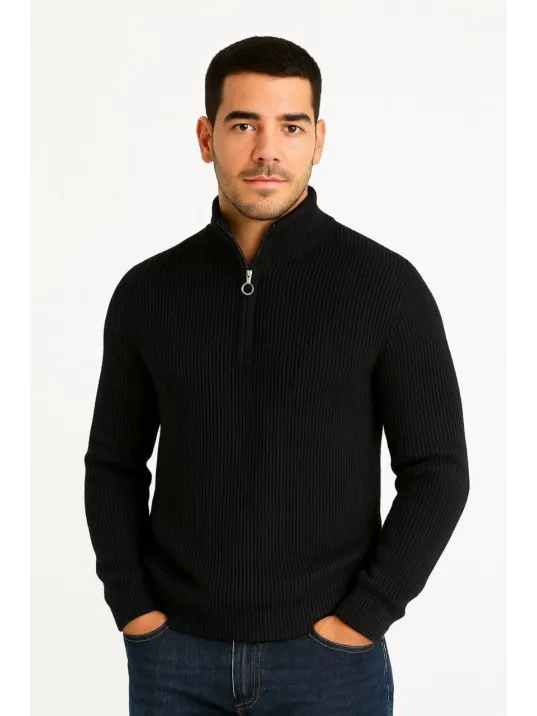 Erkek Yarım Fermuarlı Triko Kazak – Selanik Örgü, Dik Yaka, Pamuklu Dokuma, Regular Fit Uzun Kollu Kışlık Model - Siyah