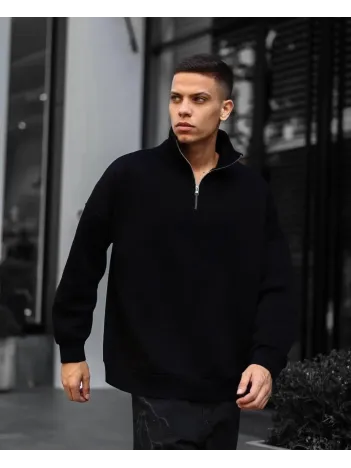Erkek Yarım Fermuarlı Üç İplik Sweatshirt - Siyah Erkek Yarım Fermuarlı Üç İplik Sweatshirt - Siyah