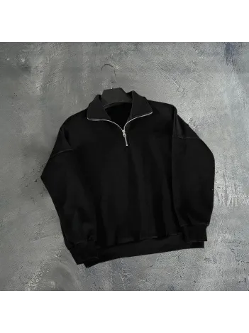 Erkek Yarım Fermuarlı Üç İplik Sweatshirt - Siyah Erkek Yarım Fermuarlı Üç İplik Sweatshirt - Siyah