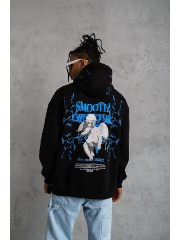 Erkek Yıldırım Baskılı Kapşonlu Sweat - Siyah