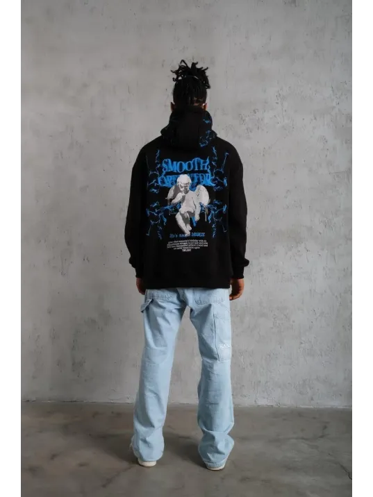 Erkek Yıldırım Baskılı Kapşonlu Sweat - Siyah