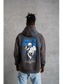 Erkek Yıldırım Baskılı Kapşonlu Sweatshirt - Gri