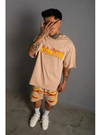 Erkek Alev Baskılı İkili Şortlu Takım - Bej Erkek Alev Baskılı İkili Şortlu Takım - Bej