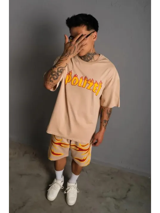 Erkek Alev Baskılı İkili Şortlu Takım - Bej Erkek Alev Baskılı İkili Şortlu Takım - Bej