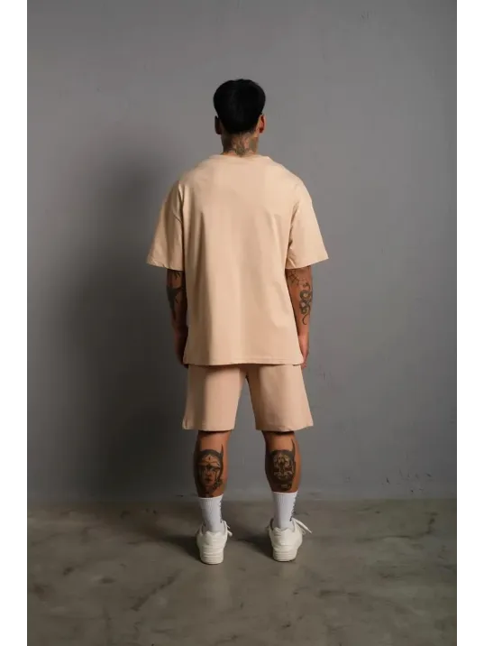 Erkek Alev Baskılı İkili Şortlu Takım - Bej