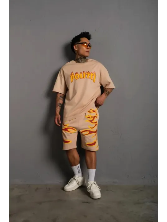 Erkek Alev Baskılı İkili Şortlu Takım - Bej