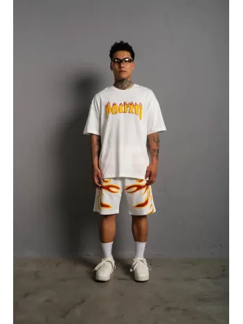 Erkek Alev Baskılı İkili Şortlu Takım - Beyaz Erkek Alev Baskılı İkili Şortlu Takım - Beyaz