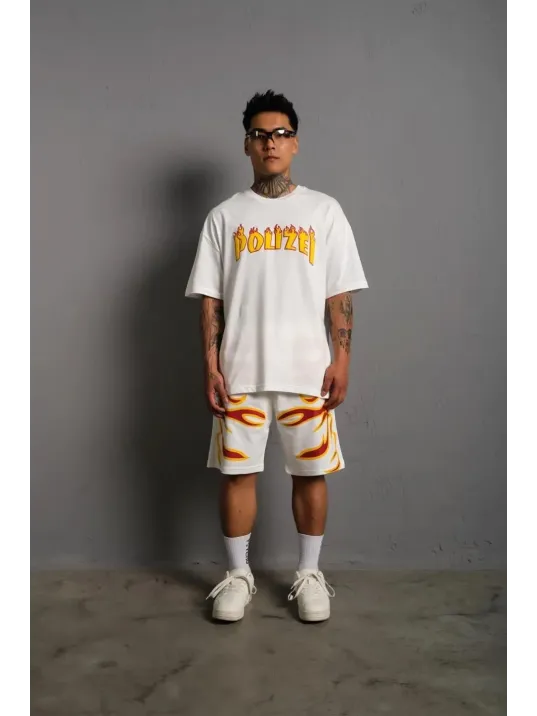 Erkek Alev Baskılı İkili Şortlu Takım - Beyaz Erkek Alev Baskılı İkili Şortlu Takım - Beyaz