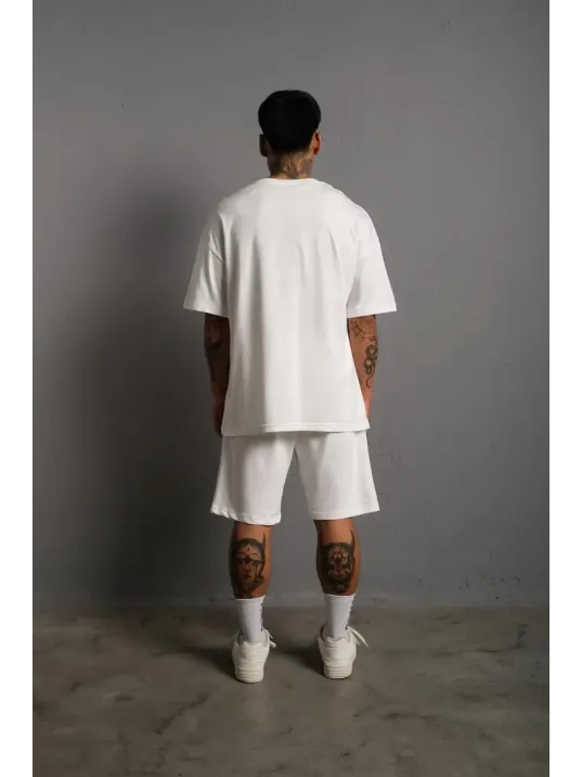 Erkek Alev Baskılı İkili Şortlu Takım - Beyaz Erkek Alev Baskılı İkili Şortlu Takım - Beyaz