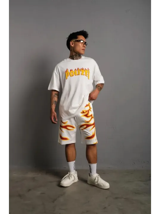 Erkek Alev Baskılı İkili Şortlu Takım - Beyaz Erkek Alev Baskılı İkili Şortlu Takım - Beyaz