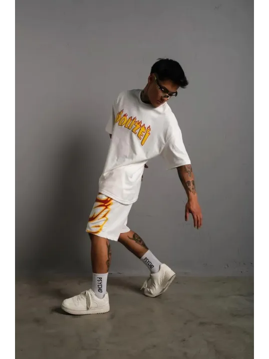 Erkek Alev Baskılı İkili Şortlu Takım - Beyaz Erkek Alev Baskılı İkili Şortlu Takım - Beyaz