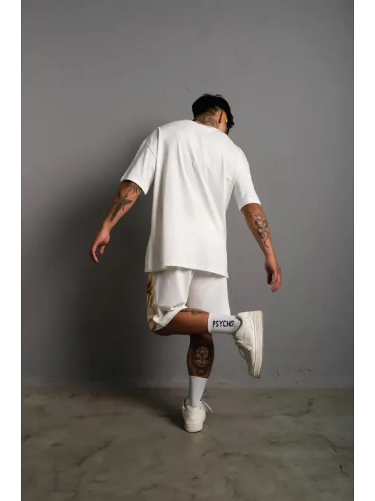 Erkek Alev Baskılı İkili Şortlu Takım - Beyaz Erkek Alev Baskılı İkili Şortlu Takım - Beyaz