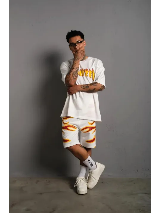 Erkek Alev Baskılı İkili Şortlu Takım - Beyaz Erkek Alev Baskılı İkili Şortlu Takım - Beyaz