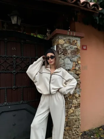 Fermuarlı Eşofman Pantolon İkili Takım - Beyaz Fermuarlı Eşofman Pantolon İkili Takım - Beyaz