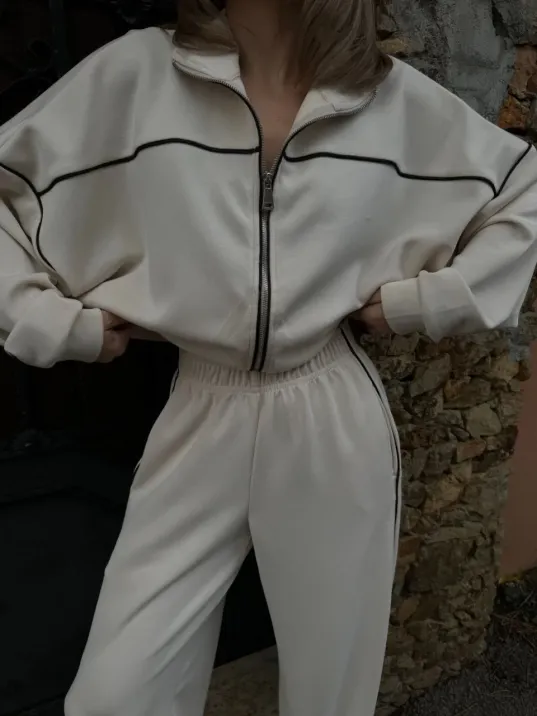 Fermuarlı Eşofman Pantolon İkili Takım - Beyaz Fermuarlı Eşofman Pantolon İkili Takım - Beyaz