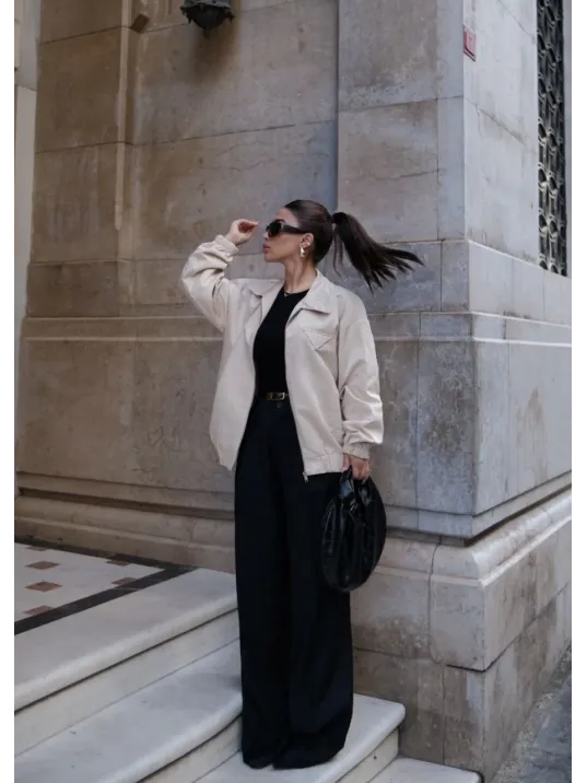 Fermuarlı Gömlek Yaka Bomber Ceket - Beyaz Fermuarlı Gömlek Yaka Bomber Ceket - Beyaz