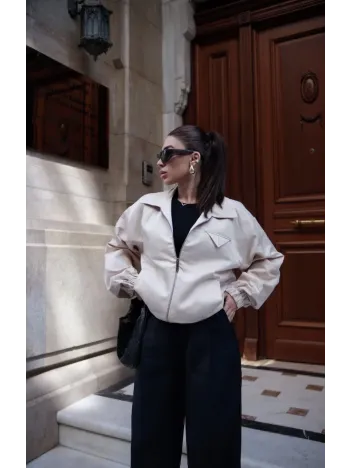 Fermuarlı Gömlek Yaka Bomber Ceket - Beyaz Fermuarlı Gömlek Yaka Bomber Ceket - Beyaz