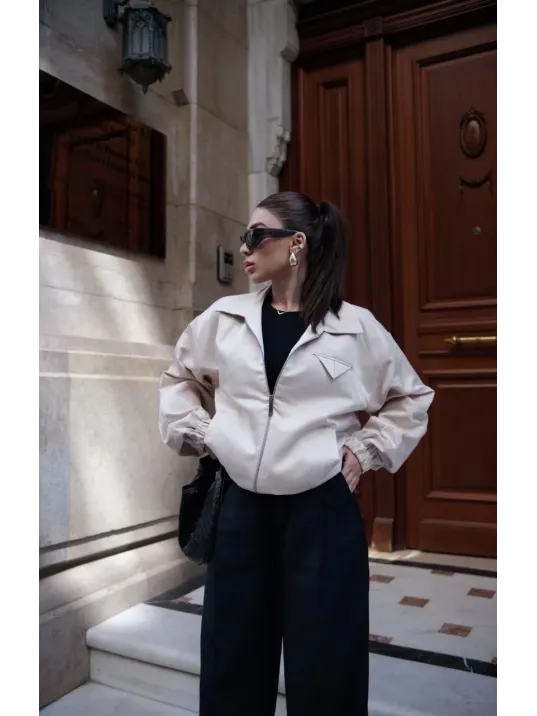 Fermuarlı Gömlek Yaka Bomber Ceket - Beyaz Fermuarlı Gömlek Yaka Bomber Ceket - Beyaz