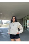 Fermuarlı Gömlek Yaka Bomber Ceket - Beyaz