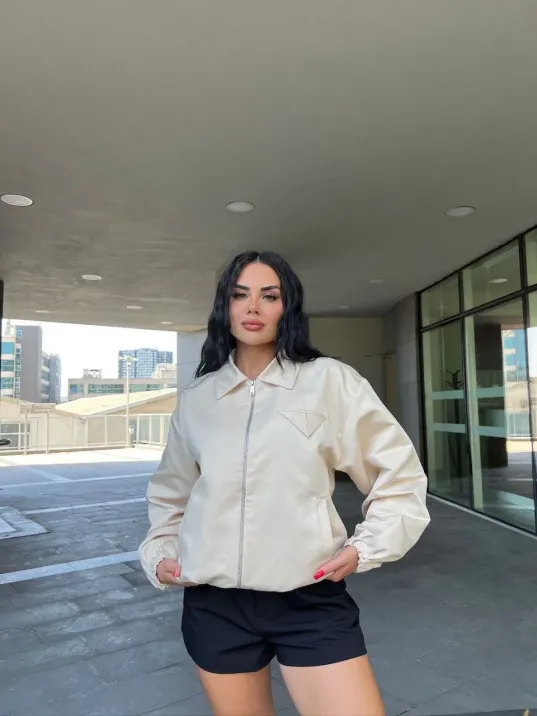 Fermuarlı Gömlek Yaka Bomber Ceket - Beyaz Fermuarlı Gömlek Yaka Bomber Ceket - Beyaz