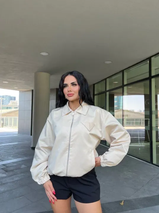 Fermuarlı Gömlek Yaka Bomber Ceket - Beyaz Fermuarlı Gömlek Yaka Bomber Ceket - Beyaz