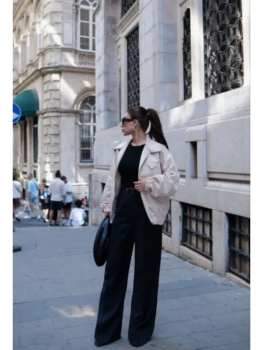 Fermuarlı Gömlek Yaka Bomber Ceket - Beyaz Fermuarlı Gömlek Yaka Bomber Ceket - Beyaz