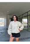 Fermuarlı Gömlek Yaka Bomber Ceket - Beyaz