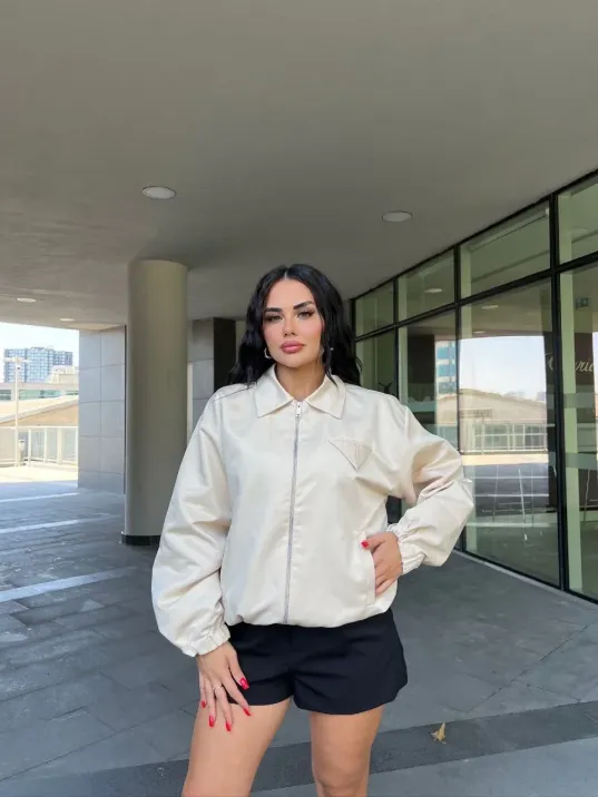 Fermuarlı Gömlek Yaka Bomber Ceket - Beyaz Fermuarlı Gömlek Yaka Bomber Ceket - Beyaz