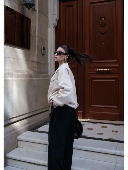 Fermuarlı Gömlek Yaka Bomber Ceket - Beyaz Fermuarlı Gömlek Yaka Bomber Ceket - Beyaz