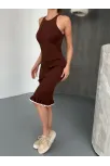 Fırfır Detaylı Triko Elbise- Kahverengi