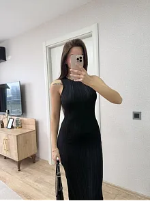 Fitilli Triko Elbise Kolsuz Sırtı Kapalı Maxi Uzun Boy - Siyah