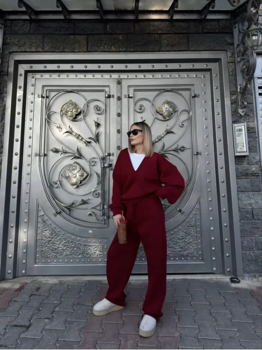 Geniş V Yaka Üç İplik Sweat Takım - Bordo