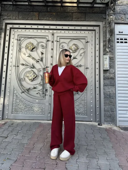 Geniş V Yaka Üç İplik Sweat Takım - Bordo