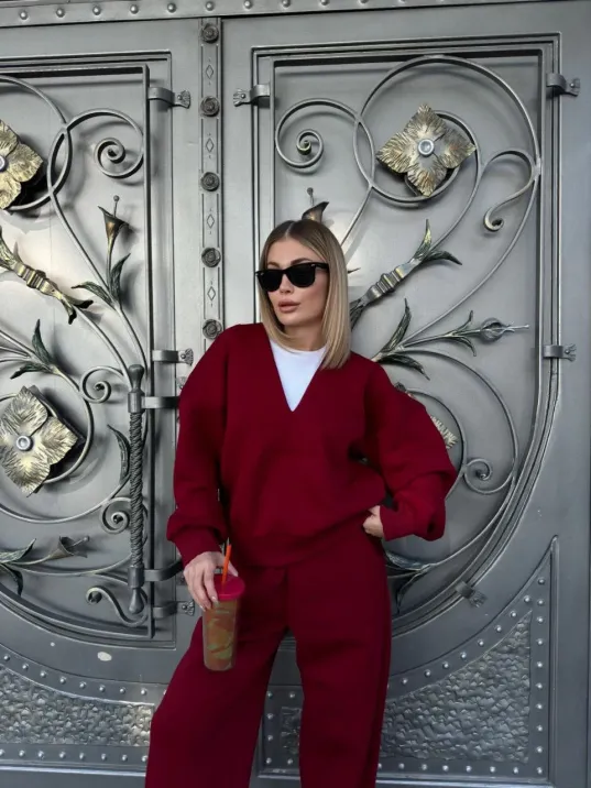 Geniş V Yaka Üç İplik Sweat Takım - Bordo