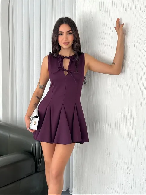 Göğüs Bağlamalı Kolsuz Mini Boy Elbise - Gül Kurusu