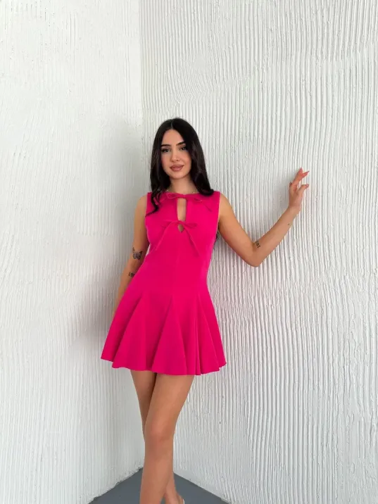 Göğüs Bağlamalı Kolsuz Mini Boy Elbise - Pembe