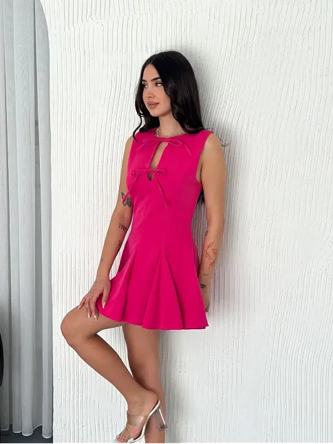 Göğüs Bağlamalı Kolsuz Mini Boy Elbise - Pembe
