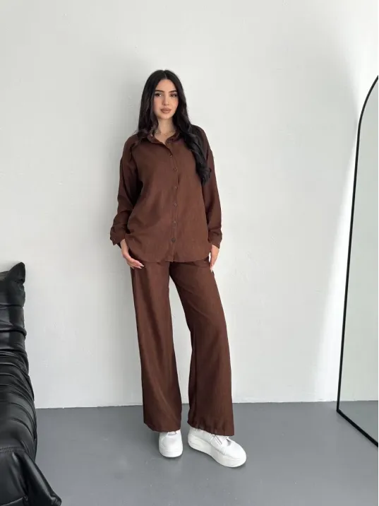 Gömlek Pantolon ikili Takım - Kahverengi Gömlek Pantolon ikili Takım - Kahverengi