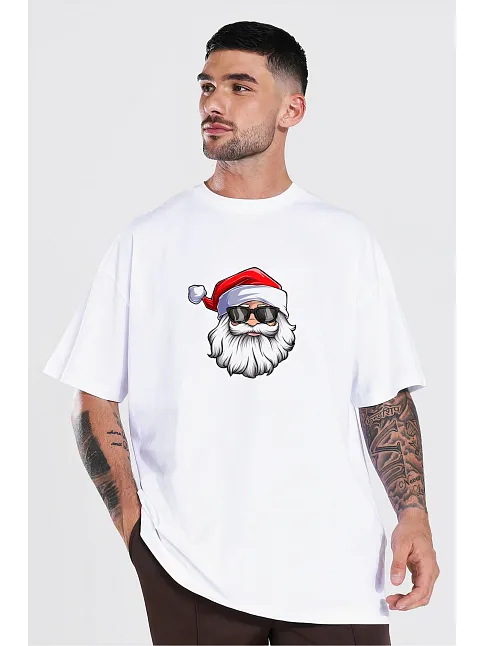 Gözlüklü Noel Baba T-shirt - Beyaz
