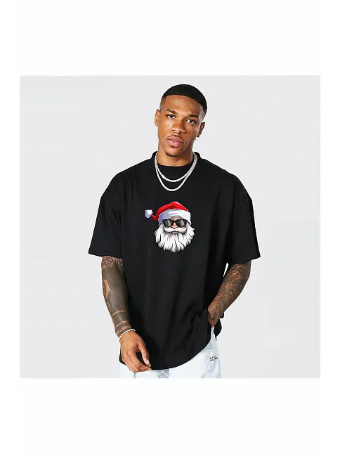 Gözlüklü Noel Baba T-shirt - Siyah