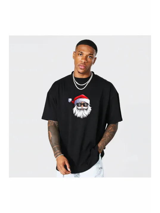 Gözlüklü Noel Baba T-shirt - Siyah
