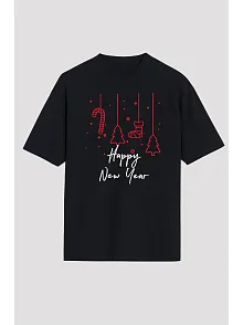 Happy New Year Baskılı T-shirt - Siyah