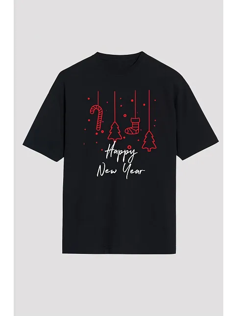 Happy New Year Baskılı T-shirt - Siyah