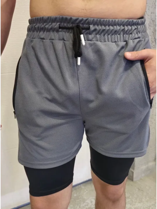 İç Cepli Sporcu Alt Taytlı Şort - Gri