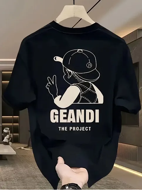 Geniş Kesim Pamuklu Tişört - "gandhı The Project" Baskılı, Siyah, Rahat Kesim, Kısa Kollu, Günlük Kıyafet, Her Gün Giyilebilecek Tişört- Siyah